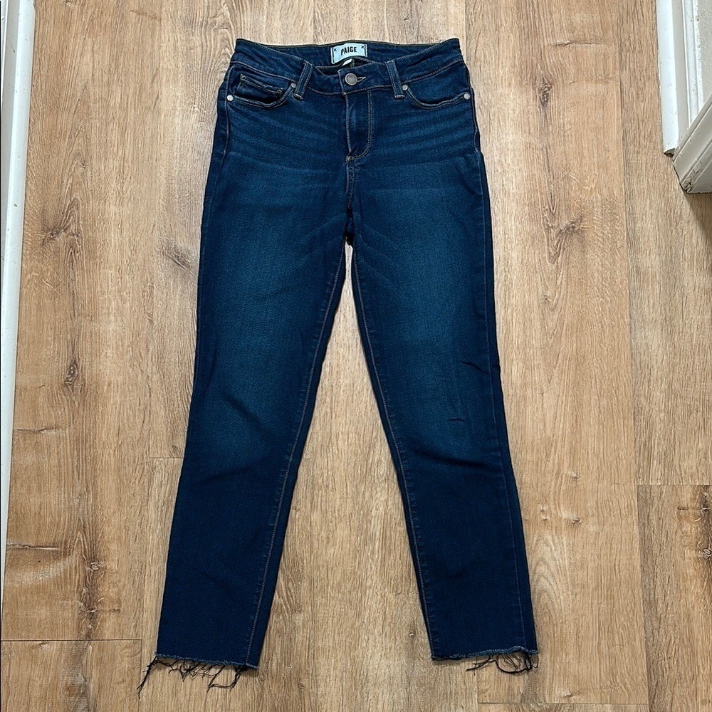 PAIGE | Women's Dark Indigo Raw Hem Denim Skyline Skinny Howard Ankle Jeans, 25